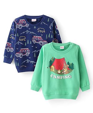 Babyhug Cotton Knit Full Sleeves Sweat Shirts with Camping Theme Print Pack of 2 - Green & Blue