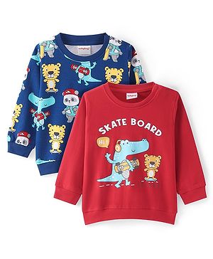 Babyhug Cotton Knit Full Sleeves Sweatshirts With Dino Print Pack of 2- Red & Blue