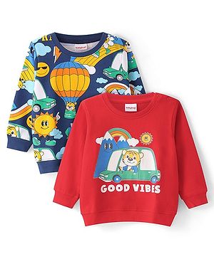 Babyhug Cotton Knit Full Sleeves Sweatshirts With Tiger & Car Print Pack of 2 - Blue & Red