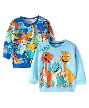 Babyhug Cotton Knit Full Sleeves Sweatshirts With Dino Print Pack of 2 - Blue