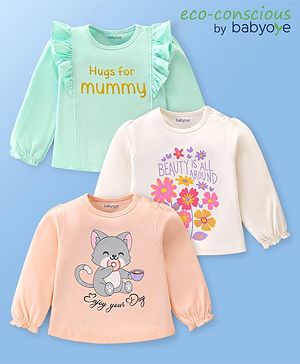 Babyoye 100% Cotton Knit Eco- Jiva Finsh Full Sleeves Tops with Frill Detailing Cat & Text Print Pack of 3 - Multicolor