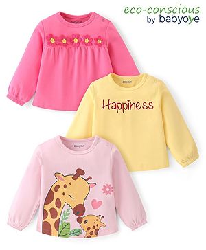 Babyoye  100% Cotton Knit Full Sleeves Tops With Eco- Jiva Finish Giraffe & Text Print Pack of 3 - Lilac Yellow & Pink