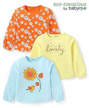 Babyoye Female 100% Cotton With Eco- Jiva Finish Full Sleeves Floral Printed Tops Pack of 3 - Yellow Light Blue & Orange