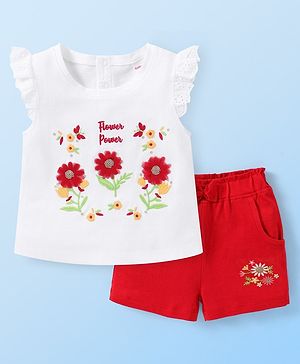 Babyhug Single Jersey Knit Frill Sleeves Top and Short Set With Floral Embroidery- White & Red