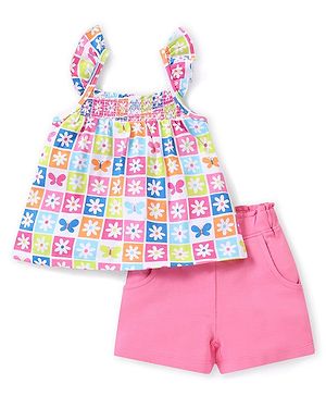 Babyhug Cotton Knit Frill Sleeves Top and Shorts Set With Floral Print - Pink