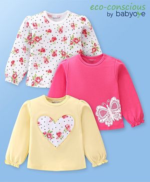 Babyoye 100% Cotton Eco- Jiva Finish Full Sleeves Tops with Floral & Heart Print Pack of 3 - Multicolor