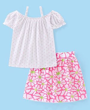 Babyhug Cotton Knit Polka Dots Singlet Top & Floral Printed Skirt Set - White
