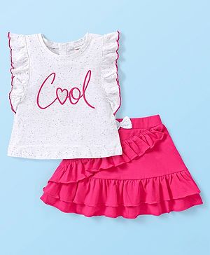 Babyhug Single Jersey Knit Frill Sleeves Top & Skirt Set with Text Print - White or Pink