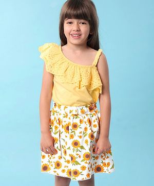 Babyhug Single Jersey Knit One Shoulder Sleeves Top & Shorts Set with Floral Print - Multicolor