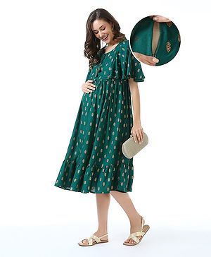 Bella Mama Woven Flutter Sleeves Maternity Dress Floral Print - Green
