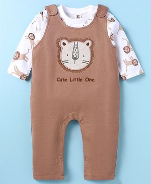 ToffyHouse Cotton Knit Full Sleeves T-Shirt & Dungaree   with Lion Embroidery - Brown