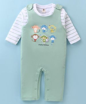 ToffyHouse Cotton Knit Full Sleeves Dungaree Style Romper with Striped T-Shirt Monkey Print & Patch - Sea Green