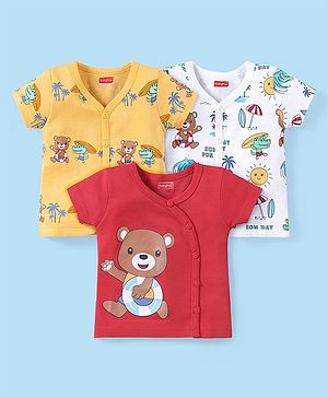 Babyhug 100% Cotton Interlock Knit Half Sleeves Vests with Bear Print Pack of 3 - Multicolor