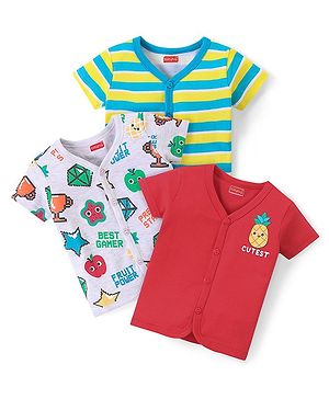 Babyhug 100% Cotton Interlock Knit Half Sleeves Vests with Fruit Print & Stripes Pattern Pack of 3 - Multicolor