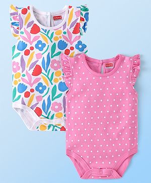 Babyhug 100% Cotton Knit Frill Sleeves Floral & Polka Dots Printed Onesies Pack of 2 - Multicolour
