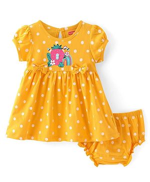 Babyhug Single Jersey Knit Half Sleeves Frock With Bloomer Polka Dot Print - Yellow