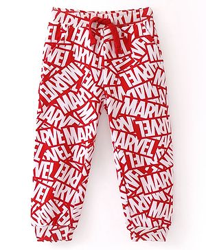 Babyhug Marvel Cotton Knit Full Length Lounge Pant with Marvel Print - Red