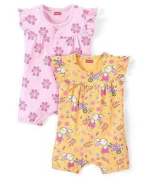 Babyhug 100% Cotton knit Half Sleeves Floral & Bunny Printed Romper Pack Of 2 - Multicolor