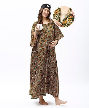 Bella Mama 100% Cotton Woven Maternity Kaftan Nursing Nighty Floral Print -Green