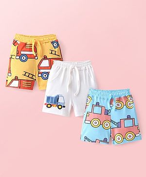 Bonfino Cotton Knit Above Knee Length Shorts with Vehicle Print Pack of 3 - Blue, White & Yellow