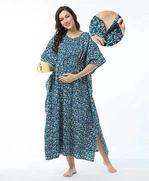 Bella Mama Cotton Knit Half Sleeves Concealed Zipper Floral Print Kaftan Nighty - Teal Blue