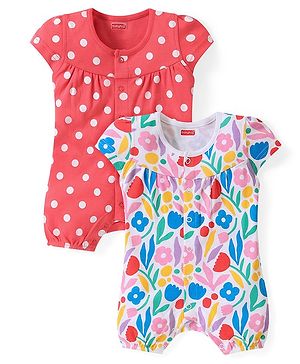 Babyhug 100% Cotton Knit Cap Sleeves Polka Dots & Floral Printed Rompers Pack of 2 - Red & White