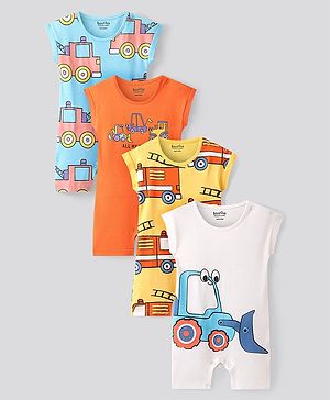 Bonfino Cotton Knit Sleeveless Rompers with Car Print Pack Of 4 - Yellow White & Orange