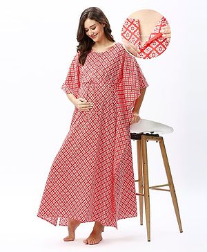 Bella Mama 100% Cotton Woven Maternity Printed Kaftan Nursing Nighty -Red