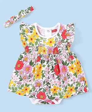 Babyhug 100% Cotton Knit Frill Sleeves Frock Style Onesie with Headband Floral Print - Multicolour