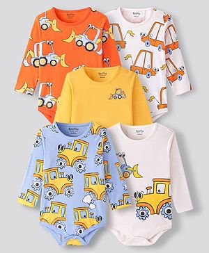 Bonfino Cotton Full Sleeves Onesies Vehicle Print Pack Of 5 - Multicolour