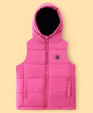 Pine Kids Sleevless Padded Hooded Jacket with Solid Colour - Rani Pink
