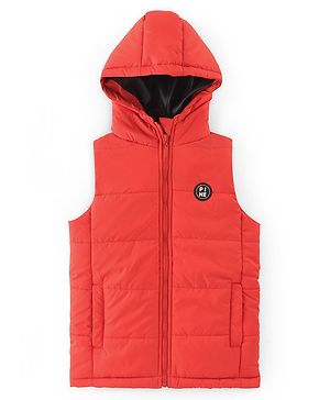 Pine Kids Sleevless Padded Hooded Jacket with Solid Colour - Orange