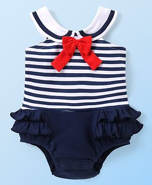 Babyhug 100% Cotton Knit Sleeveless Frock Style Onesie with Striped & Bow Detailing - Navy Blue