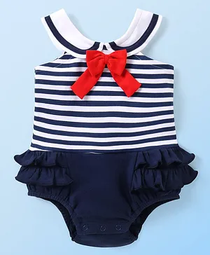 Babyhug 100% Cotton Knit Sleeveless
                              Frock Style Onesie with Striped & Bow
                              Detailing - Navy Blue