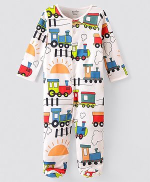 Bonfino Cotton Knit Full Sleeves Footed Sleep Suit with Vehicle Print - Offwhite