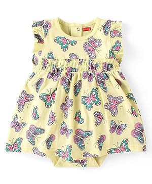 Babyhug 100% Cotton Knit Frill Sleeves Butterfly Printed Frock Style Onesie - Green