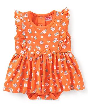 Babyhug 100% Cotton Knit Frill Sleeves Frock Style Onesie with Bow Detailing & Floral Applique - Orange