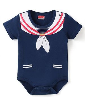 Babyhug 100% Cotton Knit Half Sleeves Onesie with Sailor Print - Navy Blue