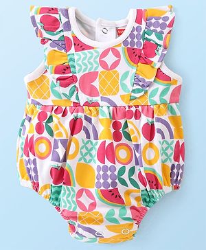 Babyhug 100% Cotton Knit Frill Sleeves Onesie Fruit Print - Multicolour