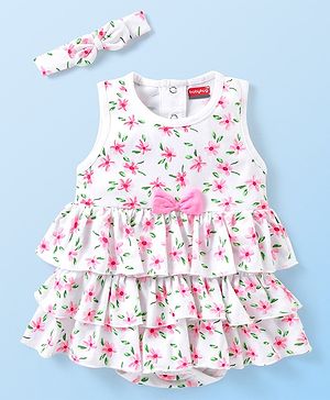 Babyhug 100% Cotton Knit Sleeveless Frock Style Onesie With Hairband Floral Print Bow Detailing - White
