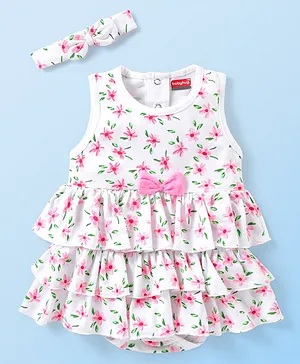 Babyhug 100% Cotton Knit Sleeveless
                              Frock Style Onesie With Hairband Floral
                              Print Bow Detailing - White