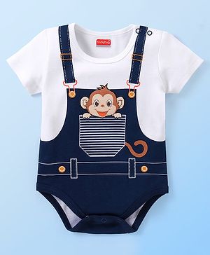 Babyhug 100% Cotton Knit Half Sleeves Onesies with Monkey Print - White & Blue