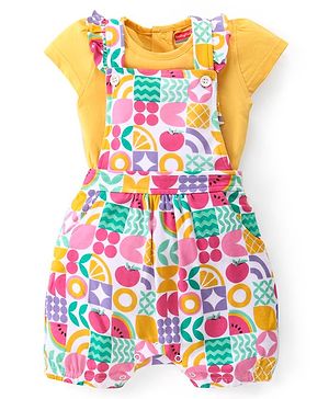 Babyhug Single Jersey Half Sleeves T-Shirt & Dungaree with Frill Detailing Fruits Print - Multicolour