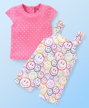 Babyhug Single Jersey Dungaree with Half Sleeves Inner Tee Polka Dot Print - Pink