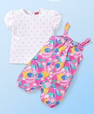 Babyhug 100% Cotton Knit Dungaree and Half Sleeves T-Shirt Set with Strawberry  Print - Multicolour