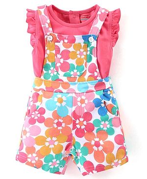 Babyhug 100% Cotton Knit Frill Sleeves Top With Floral Print Dungaree - Pink