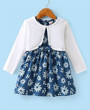 Babyhug Single Jersey Knit Floral Printed Frock with  Full Sleeves Shrug - Blue & White