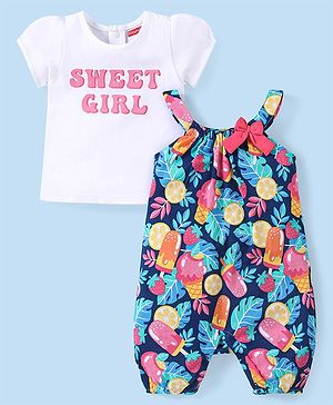 Babyhug Cotton Knit Tropical Printed Dungaree with Half Sleeves Inner Tee - Multicolour