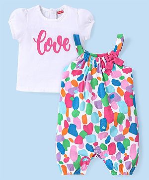 Babyhug Cotton Knit Text Printed Dungaree with Half Sleeves Inner Tee - Multicolour