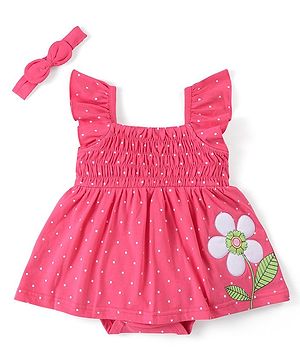 Babyhug 100% Cotton Knit Sleeveless Onesies with Headband Floral Print - Pink